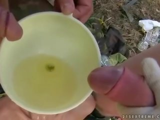 Two grandpas pissing on attractive darling
