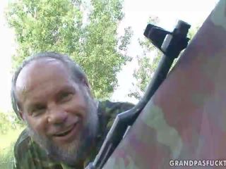 Voluptuous teen blonde fucks grandpa in uniform